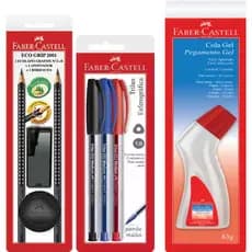 Kit 2 Lápis de Escrever + Borracha = Ap. Dep. + 3 Canetas Trilux + Cola Gel Ergonômica Faber-Castell