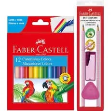 Kit Canetinha 12 Cores + Kit 2 Lápis de Escrever + Apontador C/Dep. Rosa + Borracha Faber-Castell