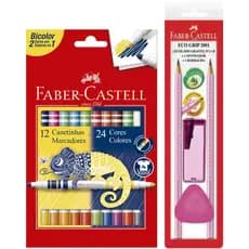 Kit Bicolor Canetinha 24 Cores + Kit 2 Lápis Grafite Rosa + Borracha + Ap. C/Dep. Faber-Castell