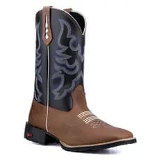 Texana em Couro Legítimo Café/Preto com Bordado Azul Estilo Moderno, Conforto Premium e Durabilidade