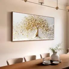 Quadro Decorativo Arvore da Vida Abstrata Branco e Dourado com Moldura e Vidro