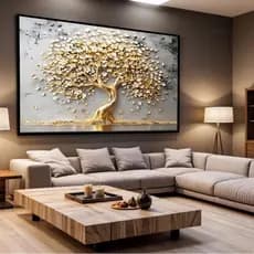 Quadro Decorativo Canvas Casa Arvore Gold Luxo Dourado Moldura e Vidro