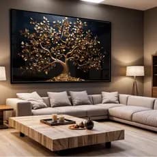 Quadro Árvore da Vida Dourada com Fundo Preto Luxo Prosperidade Decorativo Sala Quarto Tela Canvas Premium