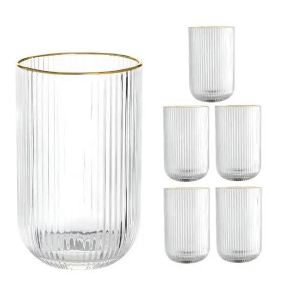 Jogo c/ 6 Copos de Vidro 450ml Borda DOURADA Suco Água Canelado Graffiato Cameratta Transparente Riscado Cozinha
