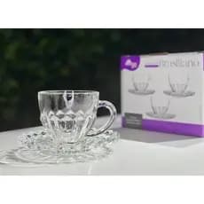 Jogo de Xícara de Cha e Cafe Com Pires Transparente Cristal Vidro 185ml Grande Decorada Brasiliano