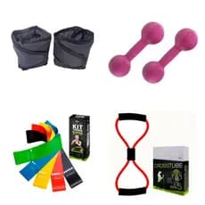 Kit Treino Completo Halter Emborrachado 1kg + Tornozeleira 1kg + Elástico + Theraband