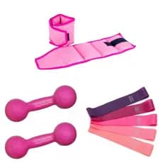 Kit Fitness Rosa: Halteres 3kg + Caneleira 3kg + Mini Band para Treino Funcional