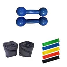 Kit Fisioterapia De Halteres De 0,5Kg Azul +  Caneleira Preta 0,5 Kg (Meio Quilo) + Kit Mini Band Colorido