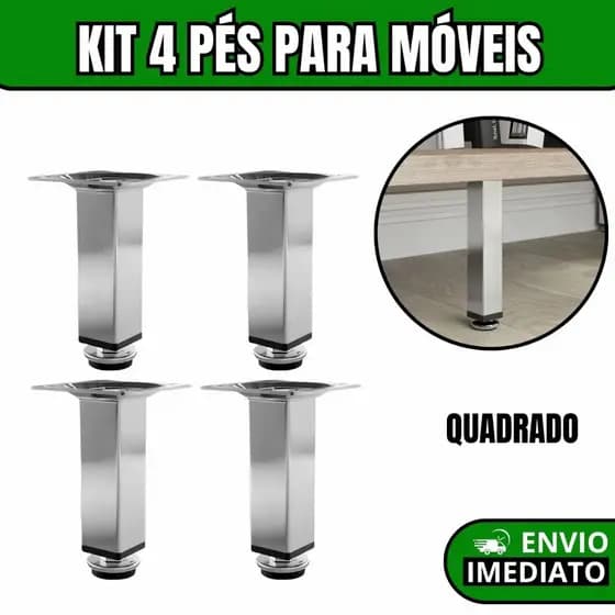 Kit 4 Pés Móveis Reguláveis Quadrados Cromados 8cm 10cm 12cm 15cm 20cm Base Ajustável Suporte Nível