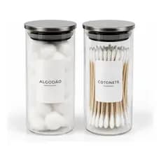Kit 2 Potes Hermético 450ML Tampa De Inox Vidro Etiquetas Para Cotonete E Algodão 15cm x 6,5cm Vidro