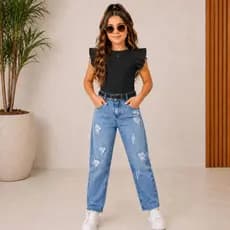 Conjunto Feminino Infantil Body Frufru Calça Jeans Blogueira