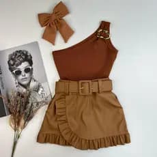 Conjunto Infantil Meninas Blusa Mula Manca E Short Saia  Courino Com Cinto Lançamento Outono Inverno
