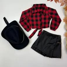 Conjunto Infantil Xadrez Camisa Short Saia E Chapéu Rodeio Look Country Festa Julina