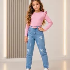 Conjunto Feminino Infantil Body Manga Longa Babado Calça Jeans Blogueirinha
