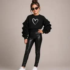 Conjunto Infantil Feminino Moletinho Manga Babado Calça Cirrê Courino Cintura Alta Look Estiloso Infantil e Juvenil Moda