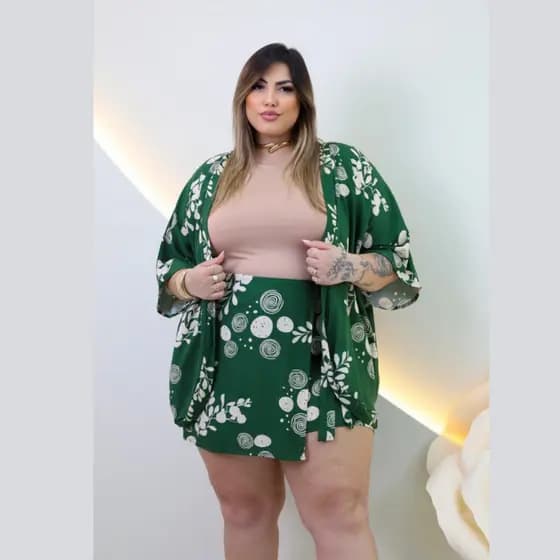 Conjunto  Feminino Kimono Short Saia Plus Size