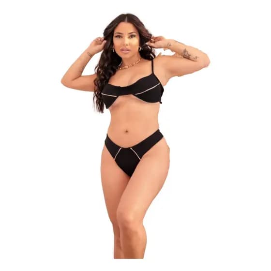 Biquini Meia Taça Preto Canelado Com Bojo Asa Delta Verão Bikini