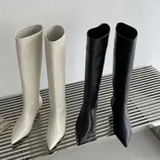 2025 Novo Outono Inverno Botas Longas Aconchegante Dedo Do Pé Apontado Mulher Joelho-Alta Deslizamento Em Salto Baixo Fi