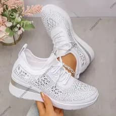 2026 Novas Mulheres Brilhantes Strass Cunha Tênis Respirável Malha Sapatos De Caminhada Mulher Plus Size Moda Sola Gross