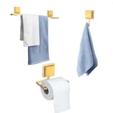 KIT BANHEIRO PAPELEIRA+GANCHO+TOALHEIRO DE BANHO 3M DOURADO