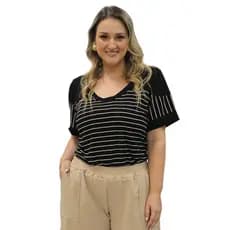 Blusa Feminina Listrada Gola V Básica Viscose Preta e Branca Para Dia a Dia Trabalho