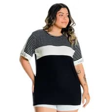 Blusa Camiseta Feminina Plus Size Listrada Preto e Branco Viscose Dia a Dia