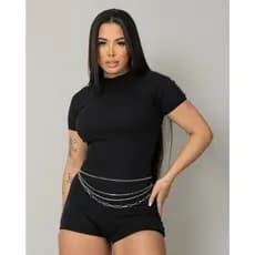 Macaquinho Feminino Academia Manga Curta Short Curto Preto Suplex
