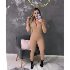 Macacão Manga Longa Canelado - Gringas -Nude / Modela Corpo