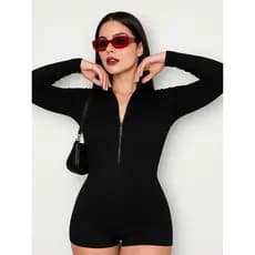 Macaquinho Suplex Feminino Fitness Moda Casual Manga Longa Coladinho Modela o Corpo Com Zíper Reforçado Macacao