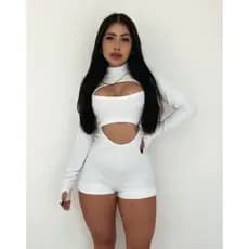 Macaquinho Feminino Manga Longa Canelado Verão Com Decote Branco