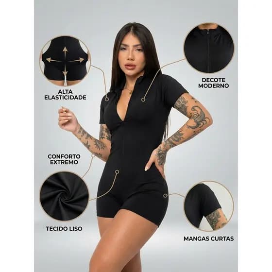 Macaquinho Feminino Coladinho Academia Manga Curta Short Curto Preto Suplex Com Ziper Macacão