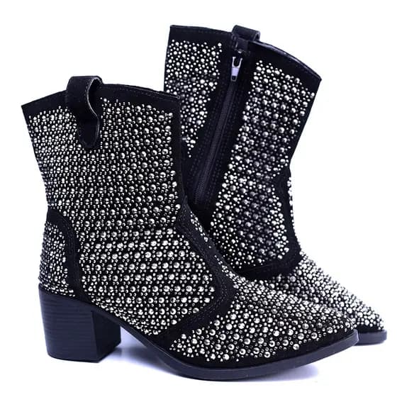 Bota Feminina Country Western Preta Strass Cano Médio Dhaffy Zíper Salto Bloco