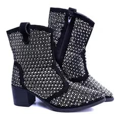 Bota Feminina Country Western Preta Strass Cano Médio Dhaffy Zíper Salto Bloco