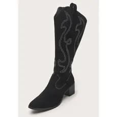 Bota Feminina Western Cano Longo Preto Brilho Country Confortável Salto Baixo Zíper