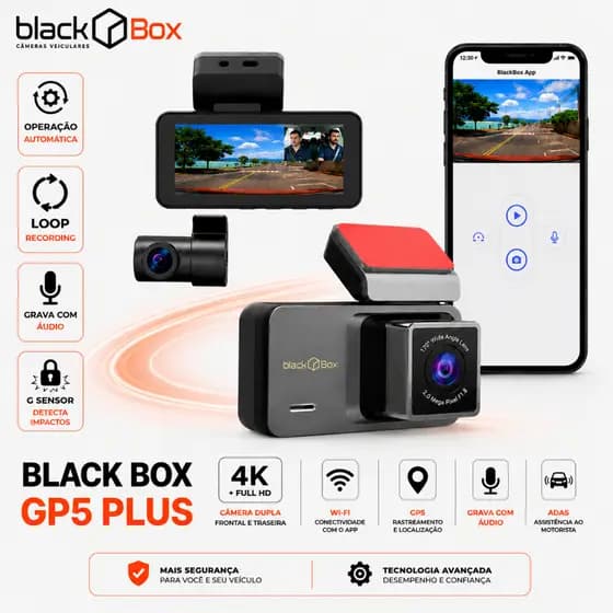 Black Box GP5 PLUS - Câmera Veicular, 4K, WIFI, GPS, ADAS, Dupla Frontal Traseira Automotiva Carro