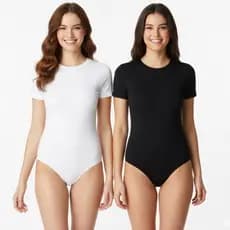 Body Feminino Segunda Pele Collant Básico Manga Curta Preto e Branco