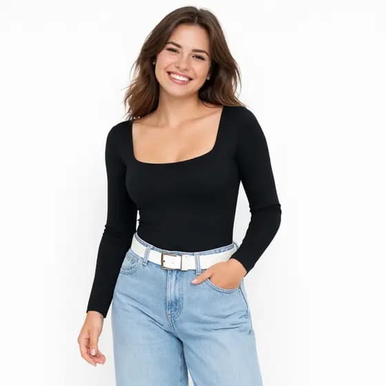 Body Feminino Manga Longa Decote Quadrado Plus Size Inverno Básico Suplex Preto Branco P ao G4
