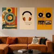Quadro Decorativo 3 Peças Musical Retrô — Rádio, Auscultadores, Vinil e Cassetes Para Sala Quarto Hall
