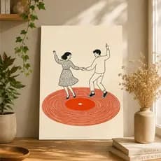 Quadro Decorativo Casal Dançando Disco de Vini Minimalista Vintage Retrô Para Sala, Quarto Hall