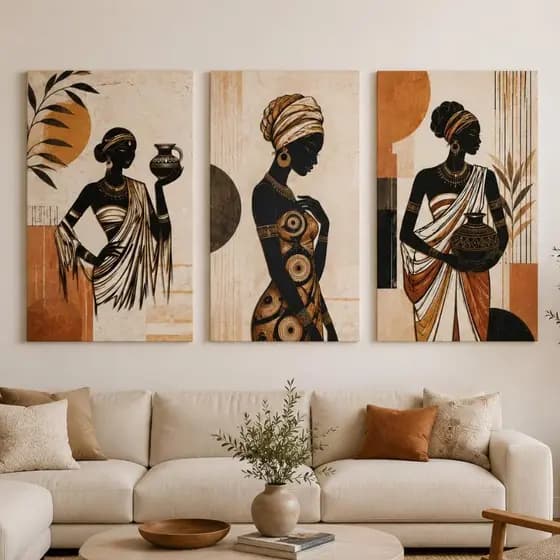 Quadros Decorativos Africanos Modernos Luxo Sala Hall 3 Peças