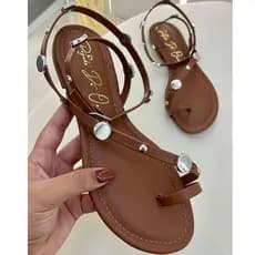 Sandália Feminina Rasteira Elegante Luxo Delicada Enfeite Detalhe Confortável