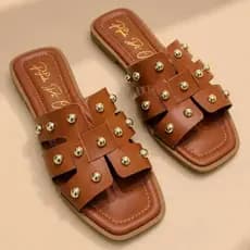 Sandália Rasteira Feminina Confortável Flat Bico quadrado Aplique Metal Casual Elegante Tendência 2026