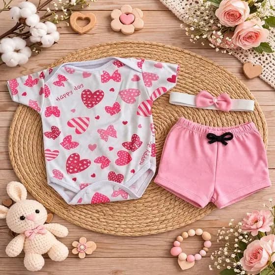 Kit  3 Peças Body Temático short e faixa para Bebê - conjunto recém nascido de verão bebê 0 a 4 meses