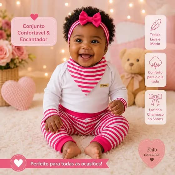 Conjunto para bebe menina calça e body Manga longa blogueirinha 3 a 6 meses