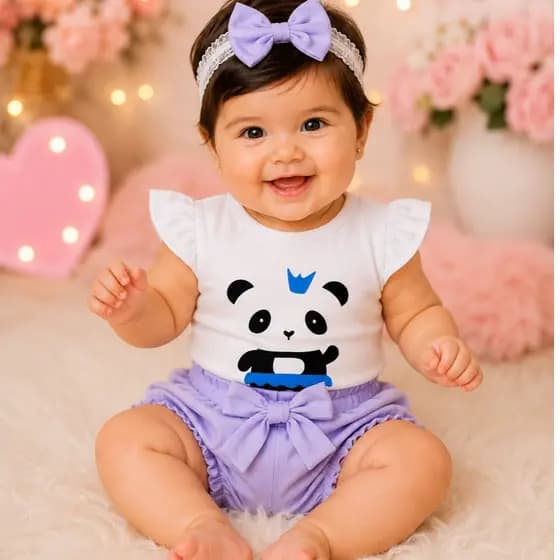 Conjunto Bebê Menina Pandinha Blogueirinha Fofa Body + Shorts Tapa Fralda