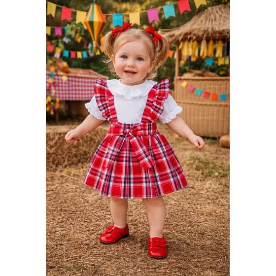Salopete caipira xadrez vermelho sao joão infantil festa junina ensaio fotográfico