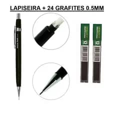 Lapiseira preta com Borracha e 24 grafites 0.5 mm Tecnica MetalTech Bazze material escolar para estudante Universitário