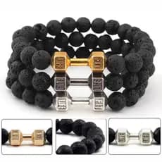Pulseira Fit Pingente Halter Academia Pedra Vulcanica Miçanga Bracelete Masculino Peso Academia