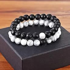 Conjunto 2 Pulseiras Yin Yang Unissex Casal 8mm Pedra Vulcânica howlita branca Kit Braceletes Masc Fem Presente moda