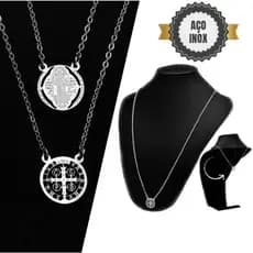 Escapulário São Bento Aço Inoxidável Corrente Cordão Religioso Prata Crucifixo Medalhão São Bento